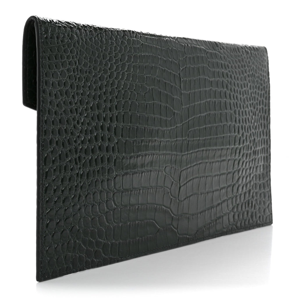 Calfskin Crocodile Embossed Uptown Monogram Clutch Dark Green