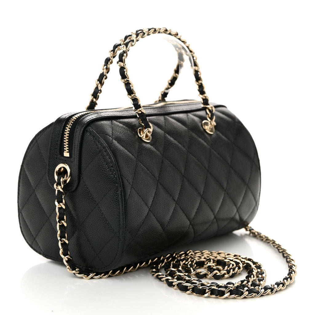 Caviar Quilted Barrel Clutch With Chain Black