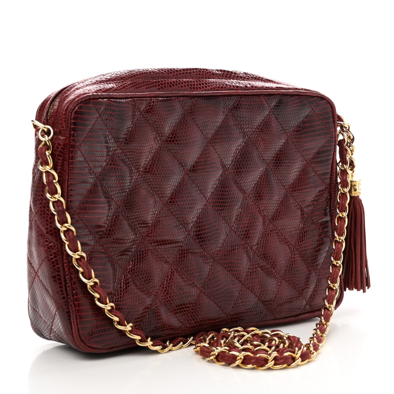 Lizard Quilted Small Tassel Camera Case Burgundy
