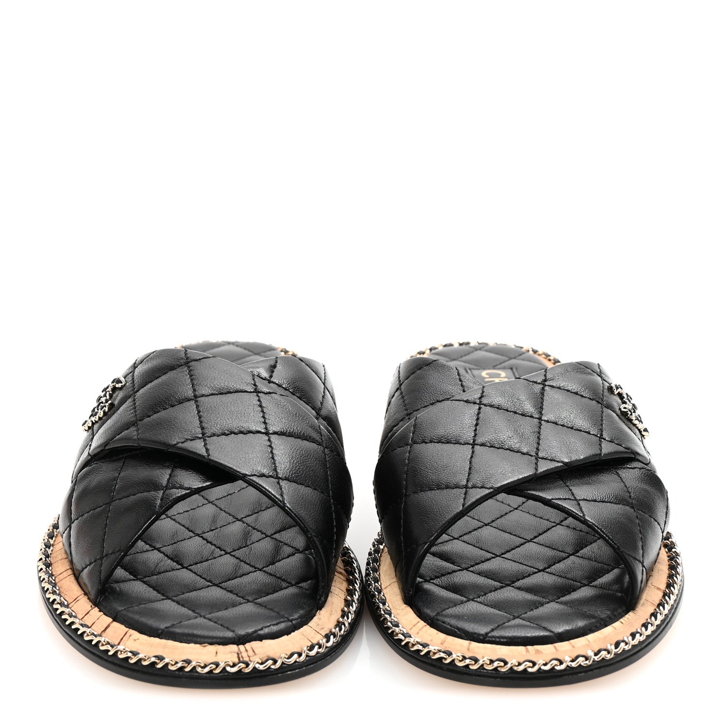 Lambskin Quilted Chain CC Sandals 40 Black