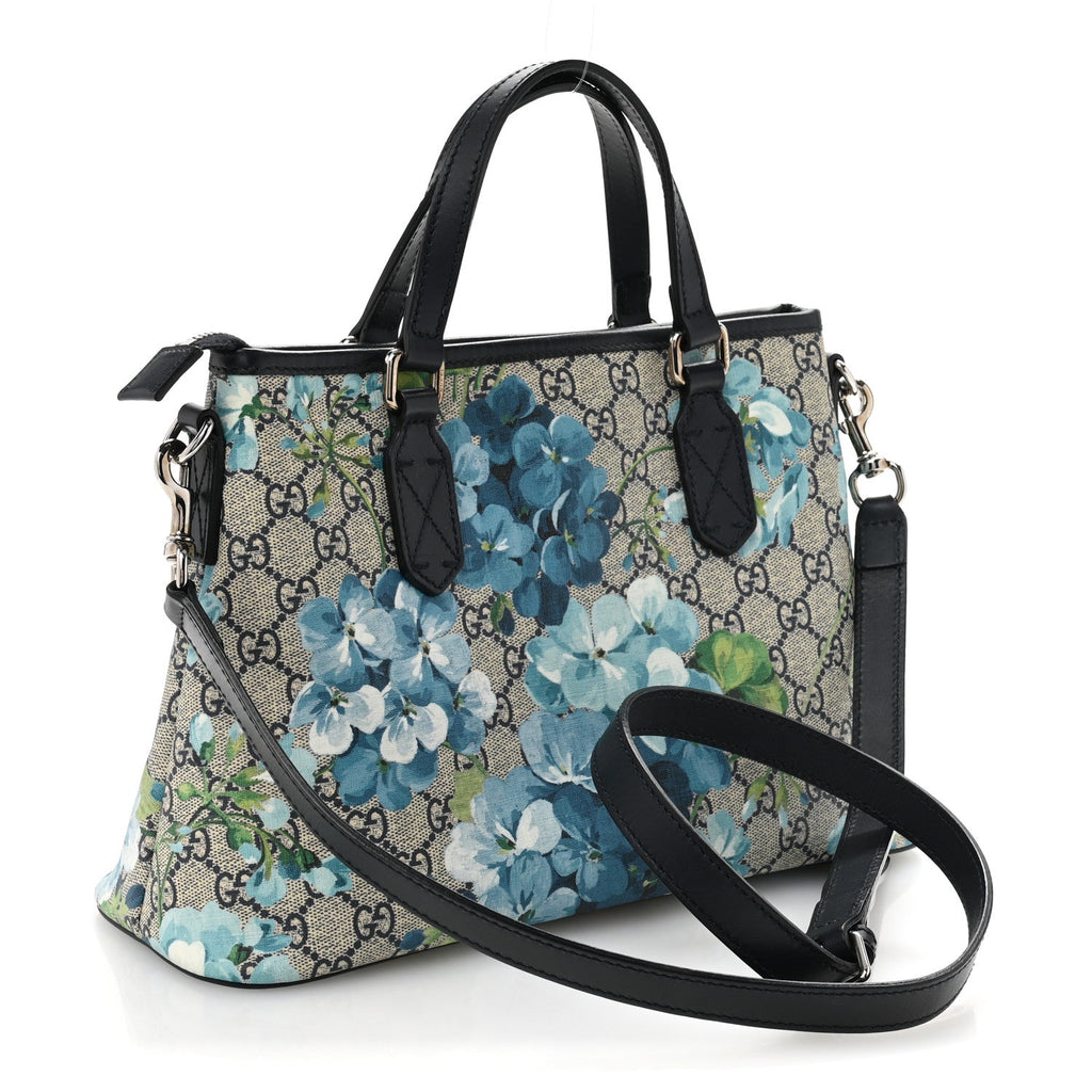 GG Supreme Monogram Blooms Small Zippered Tote Blue