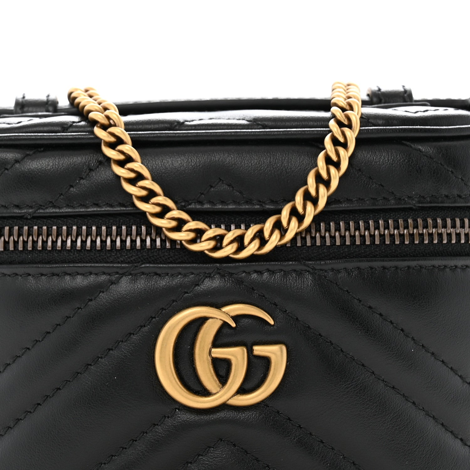 Calfskin Matelasse Chevron Mini GG Marmont Top Handle Bag Black