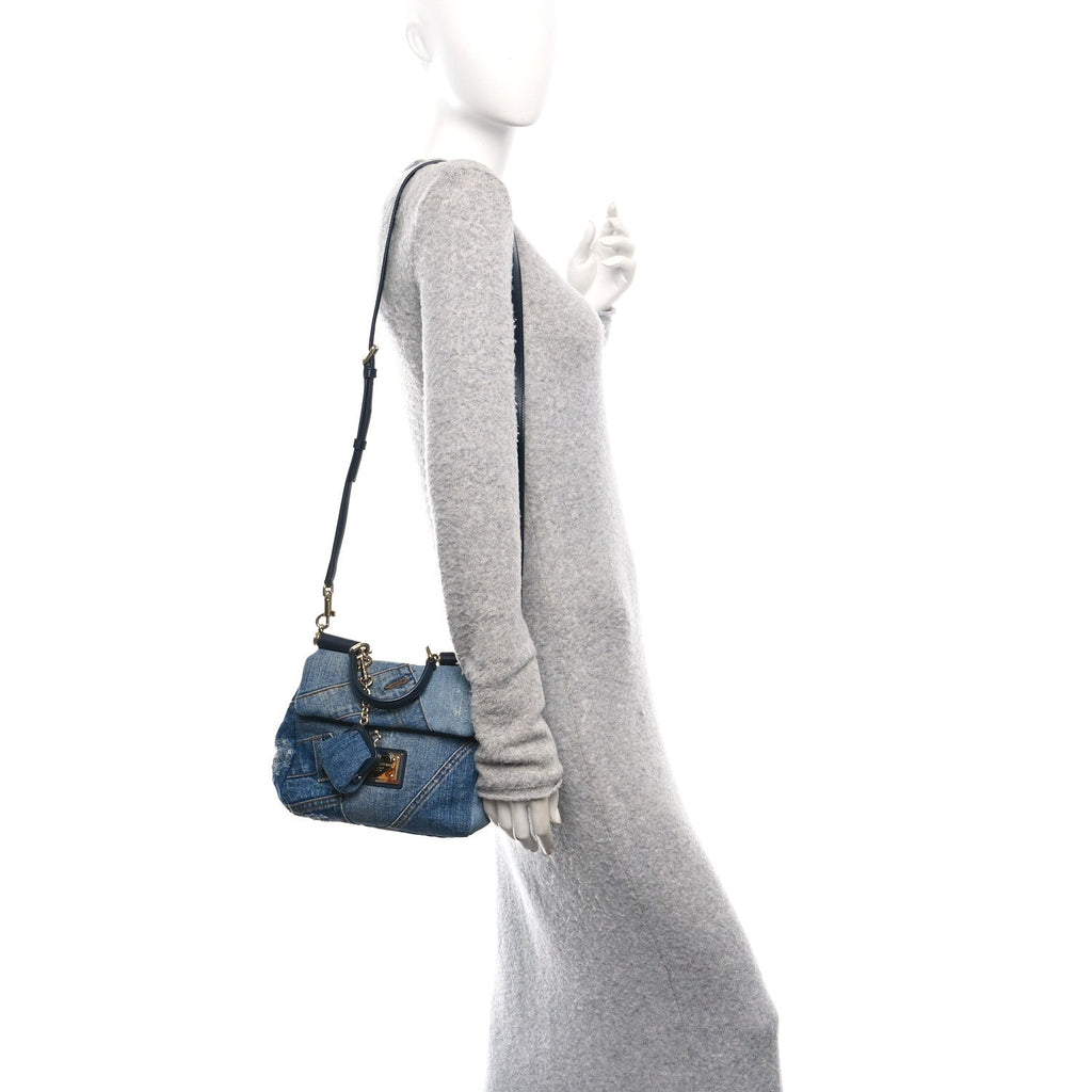 Calfskin Denim Patchwork Mini Miss Sicily Satchel Blue
