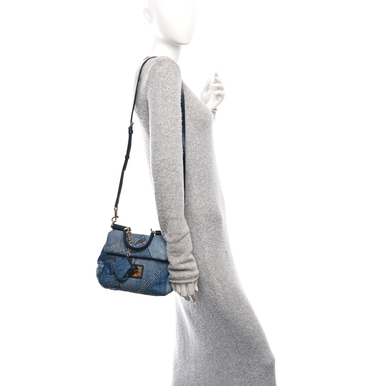 Calfskin Denim Patchwork Mini Miss Sicily Satchel Blue