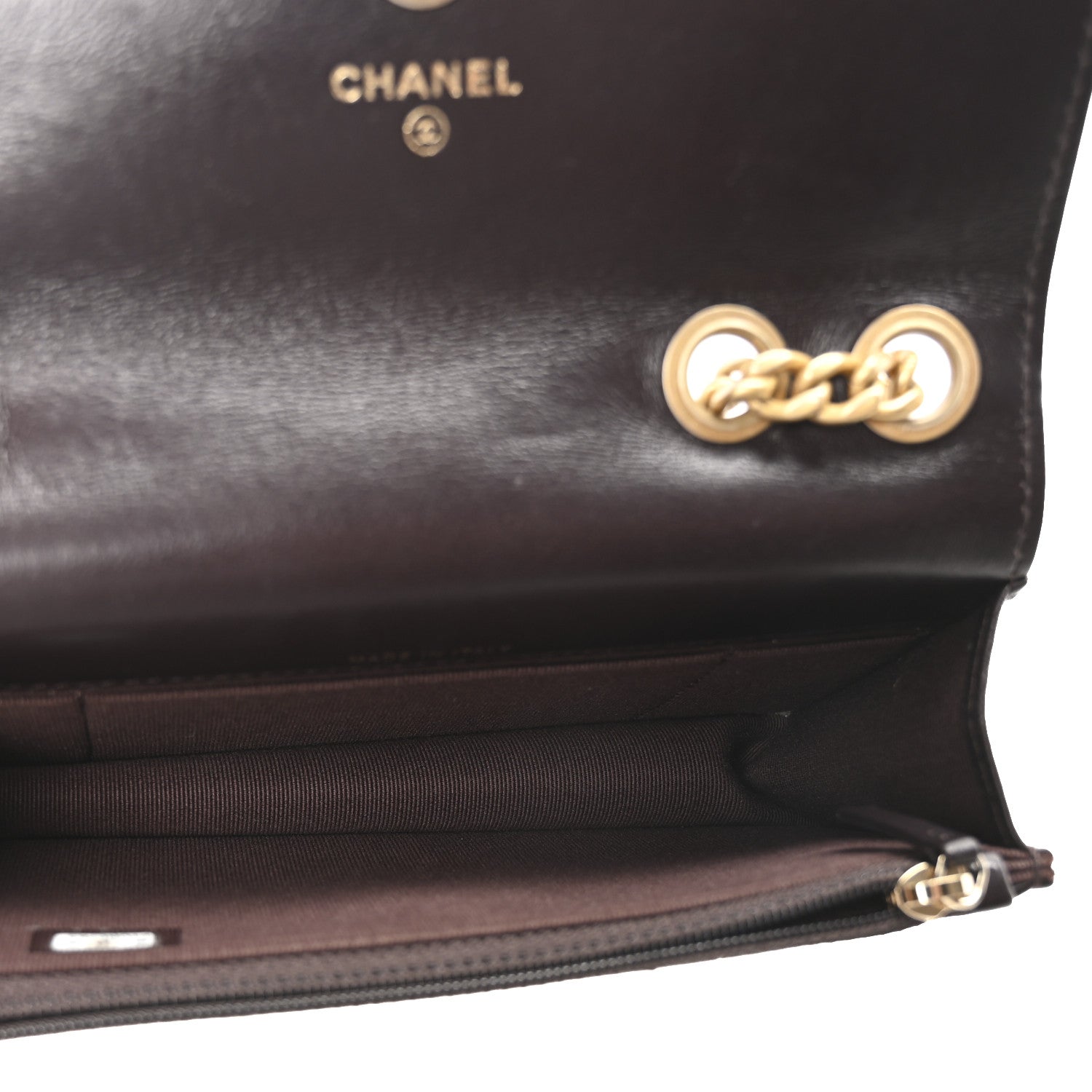 Lambskin Quilted Pillow Crush Flap Phone Holder With Chain Dark Brown