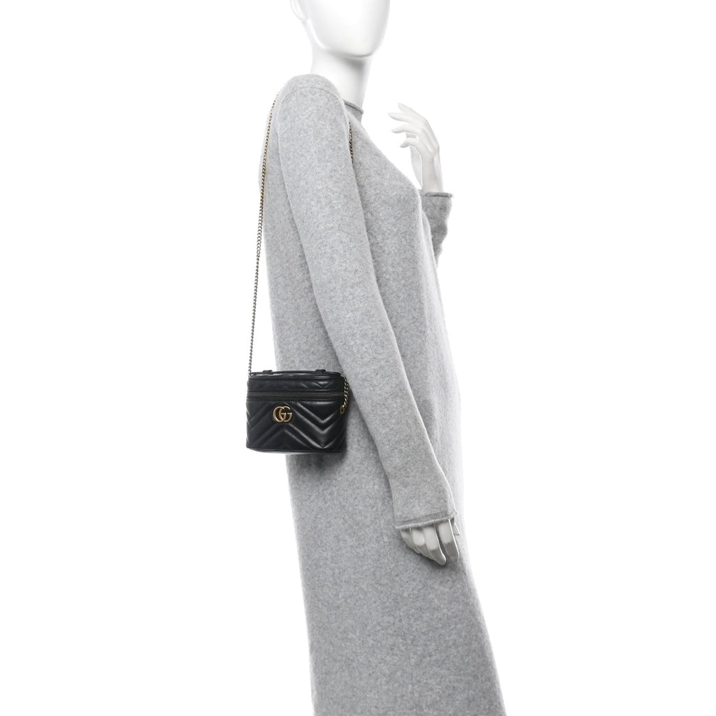 Calfskin Matelasse Chevron Mini GG Marmont Top Handle Bag Black