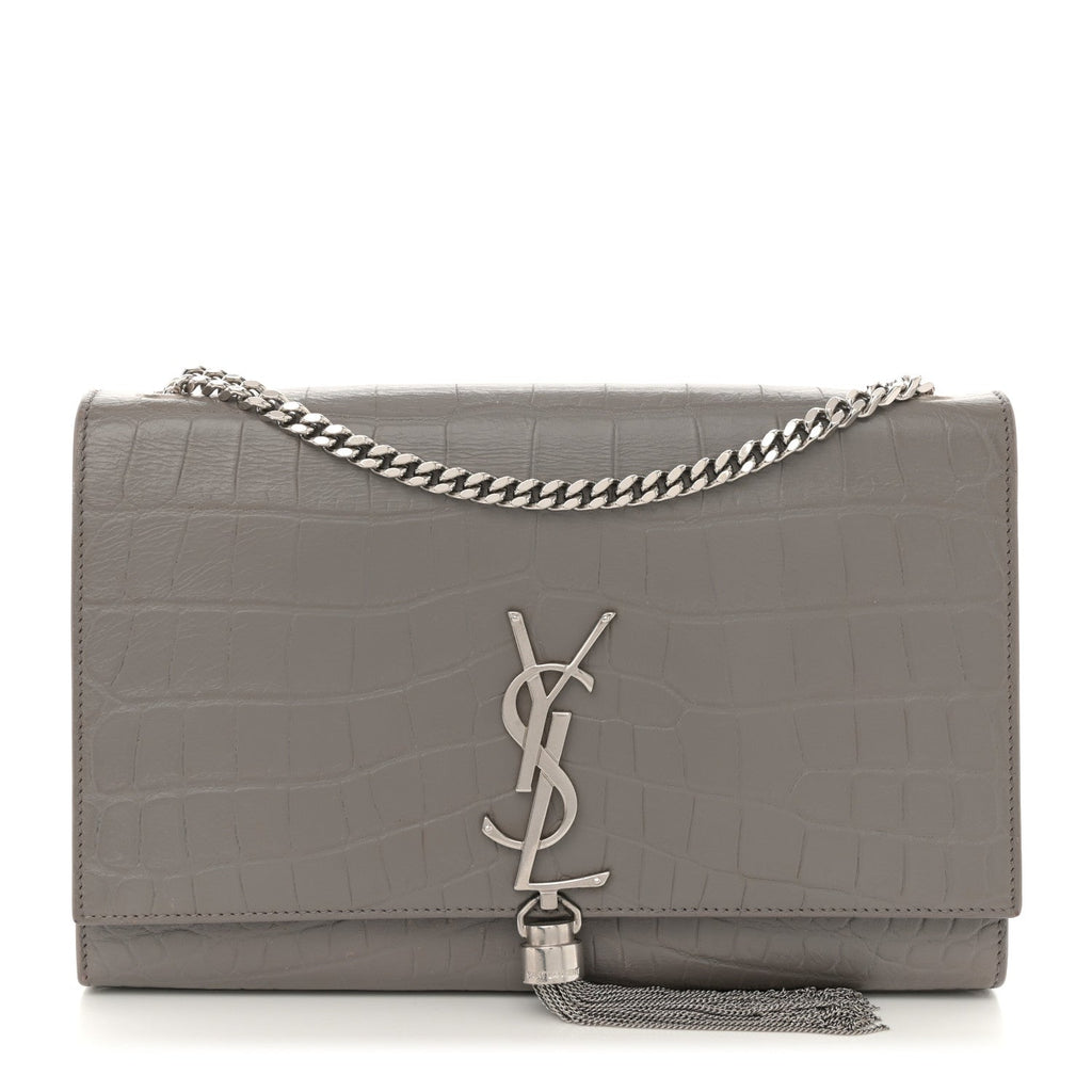 Calfskin Crocodile Embossed Medium Classic Monogram Kate Tassel Satchel Fog