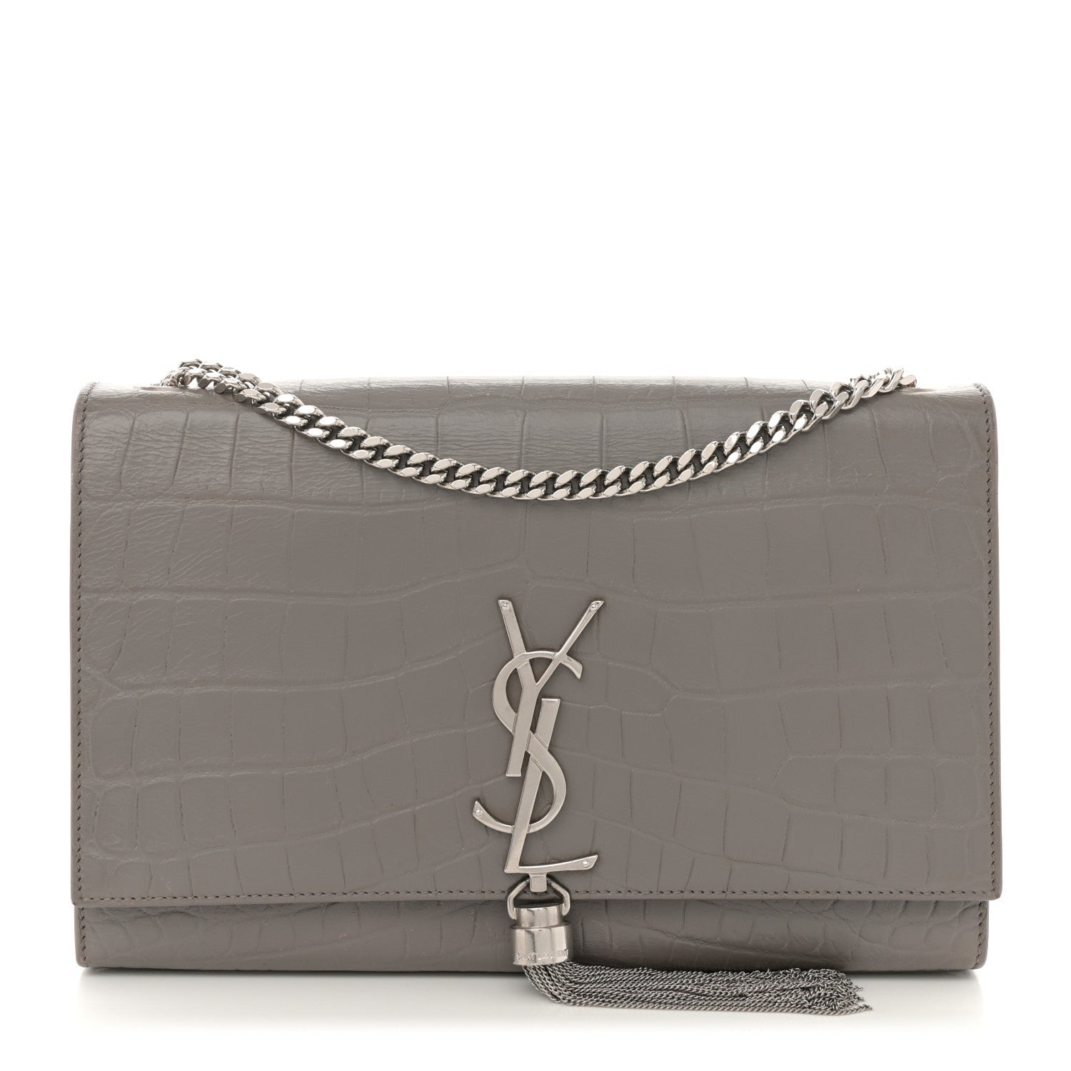 Calfskin Crocodile Embossed Medium Classic Monogram Kate Tassel Satchel Fog