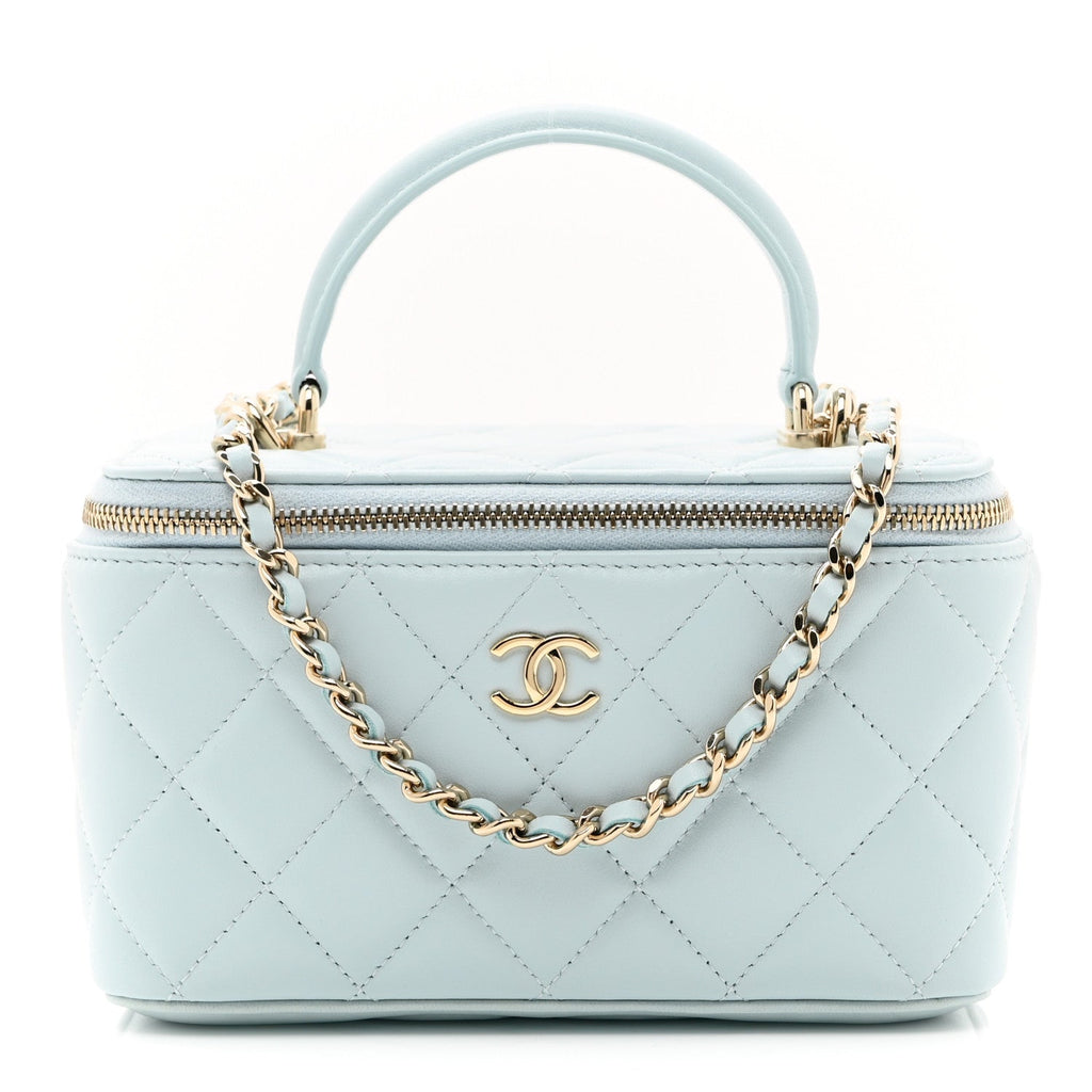 Lambskin Quilted Small Top Handle Vanity Case With Chain Light Blue