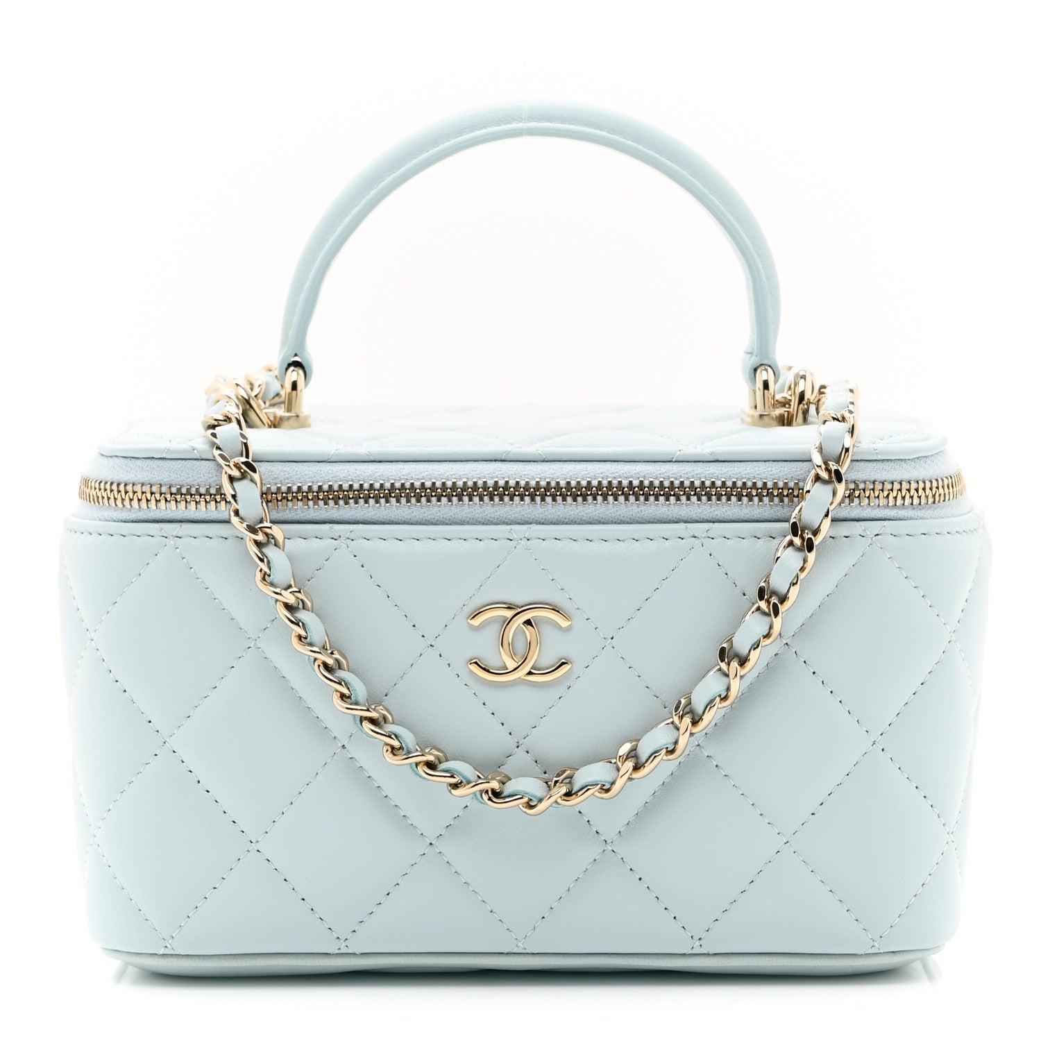 Lambskin Quilted Small Top Handle Vanity Case With Chain Light Blue
