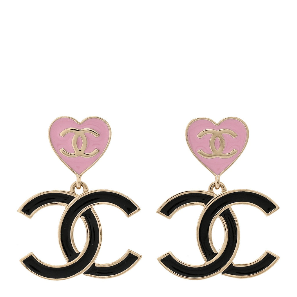 Metal Enamel CC Heart Drop Earrings Gold Black Pink