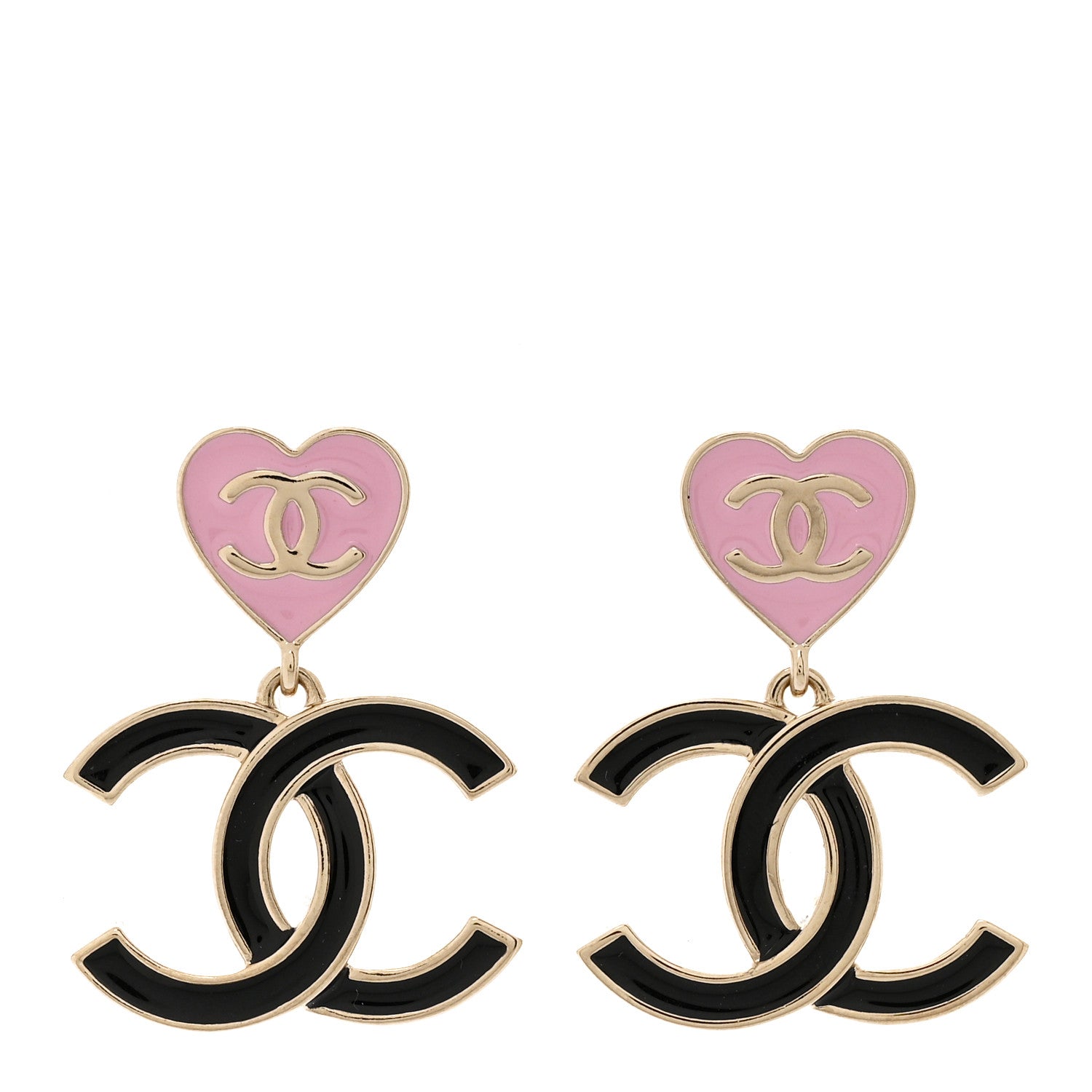 Metal Enamel CC Heart Drop Earrings Gold Black Pink