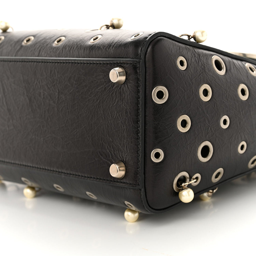 Crinkled Calfskin Studded Pearls Medium Lady Dior Black