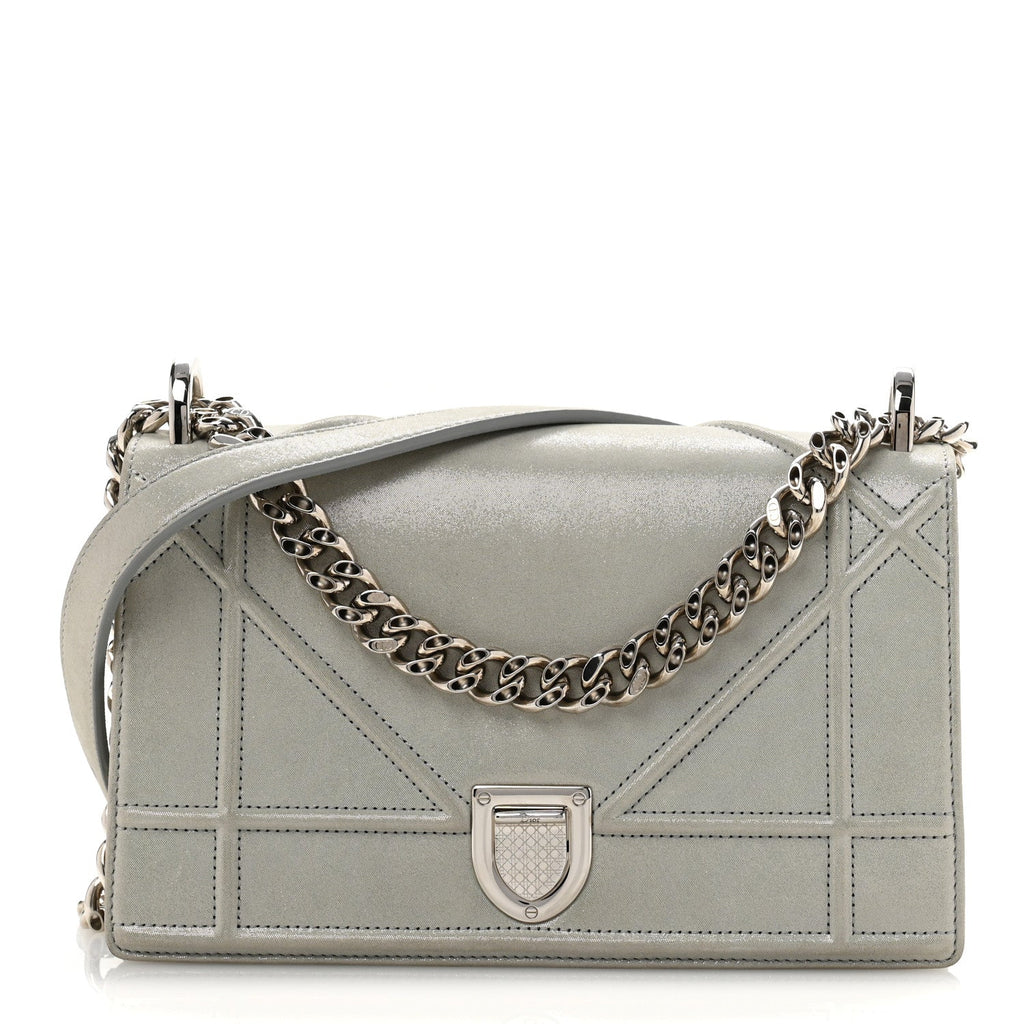 Metallic Calfskin Small Diorama Flap Bag Silver