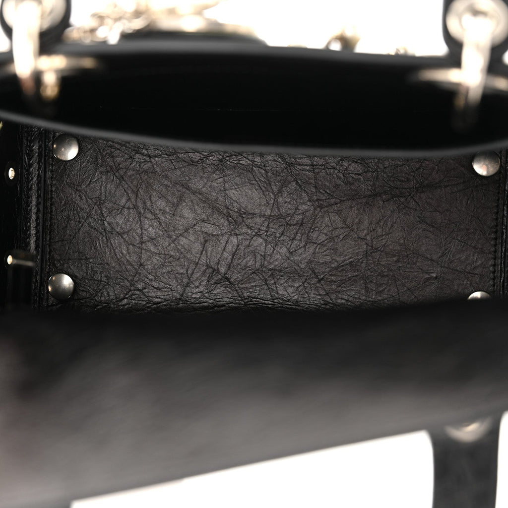 Crinkled Calfskin Studded Pearls Medium Lady Dior Black