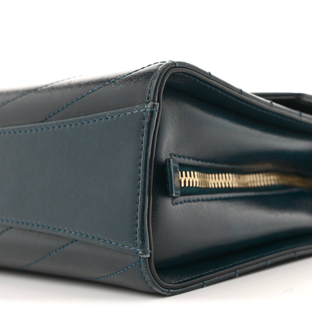 Calfskin Chevron Quilted Medal Flap Blue