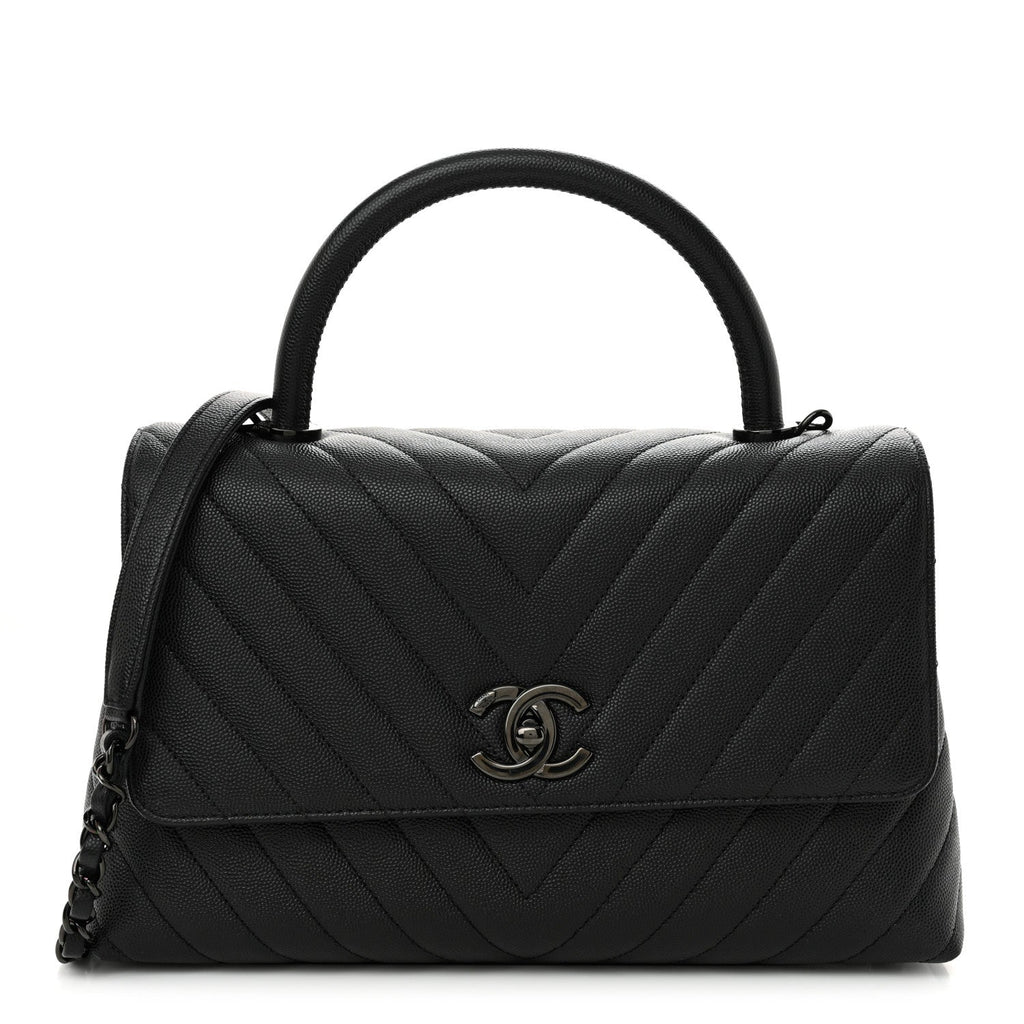 Caviar Chevron Quilted Small Coco Handle Flap So Black