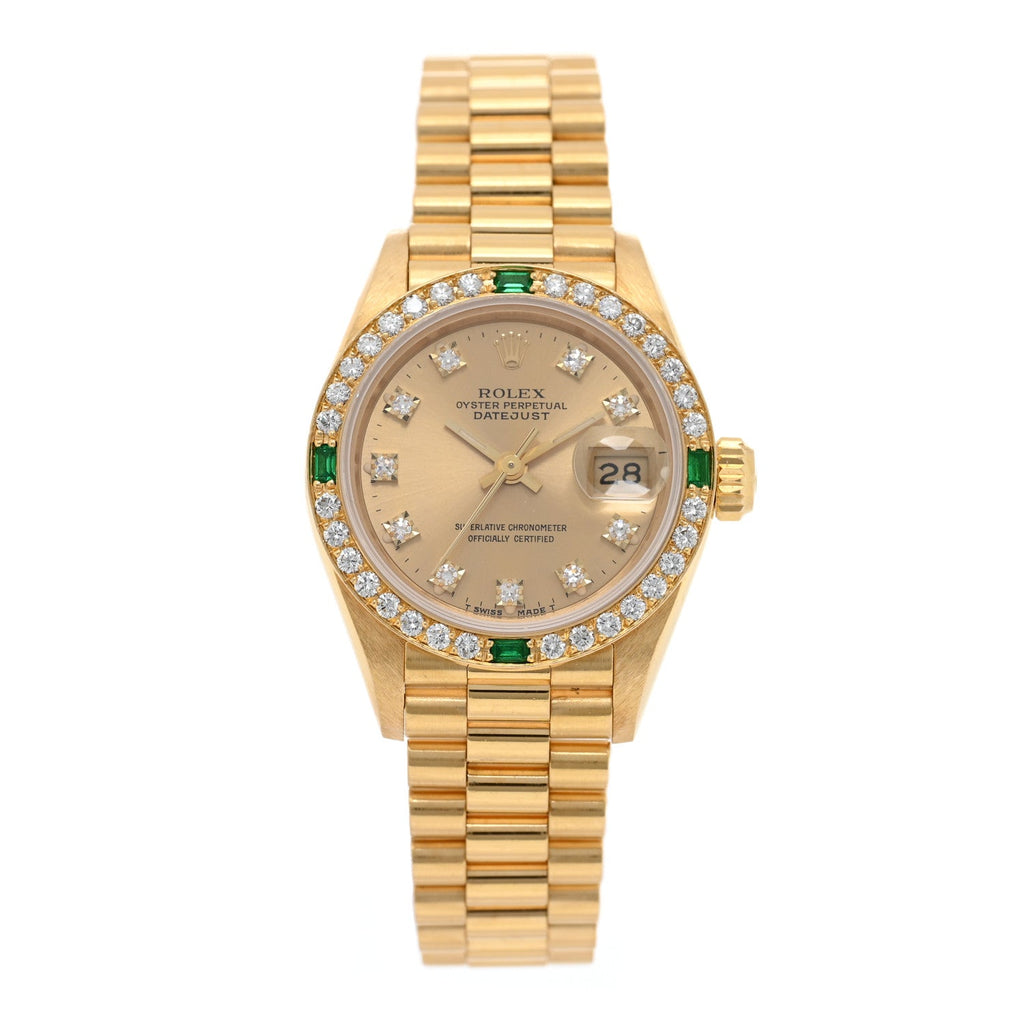 18K Yellow Gold Diamond Bezel Emerald 26mm Datejust President Watch Champagne 69078