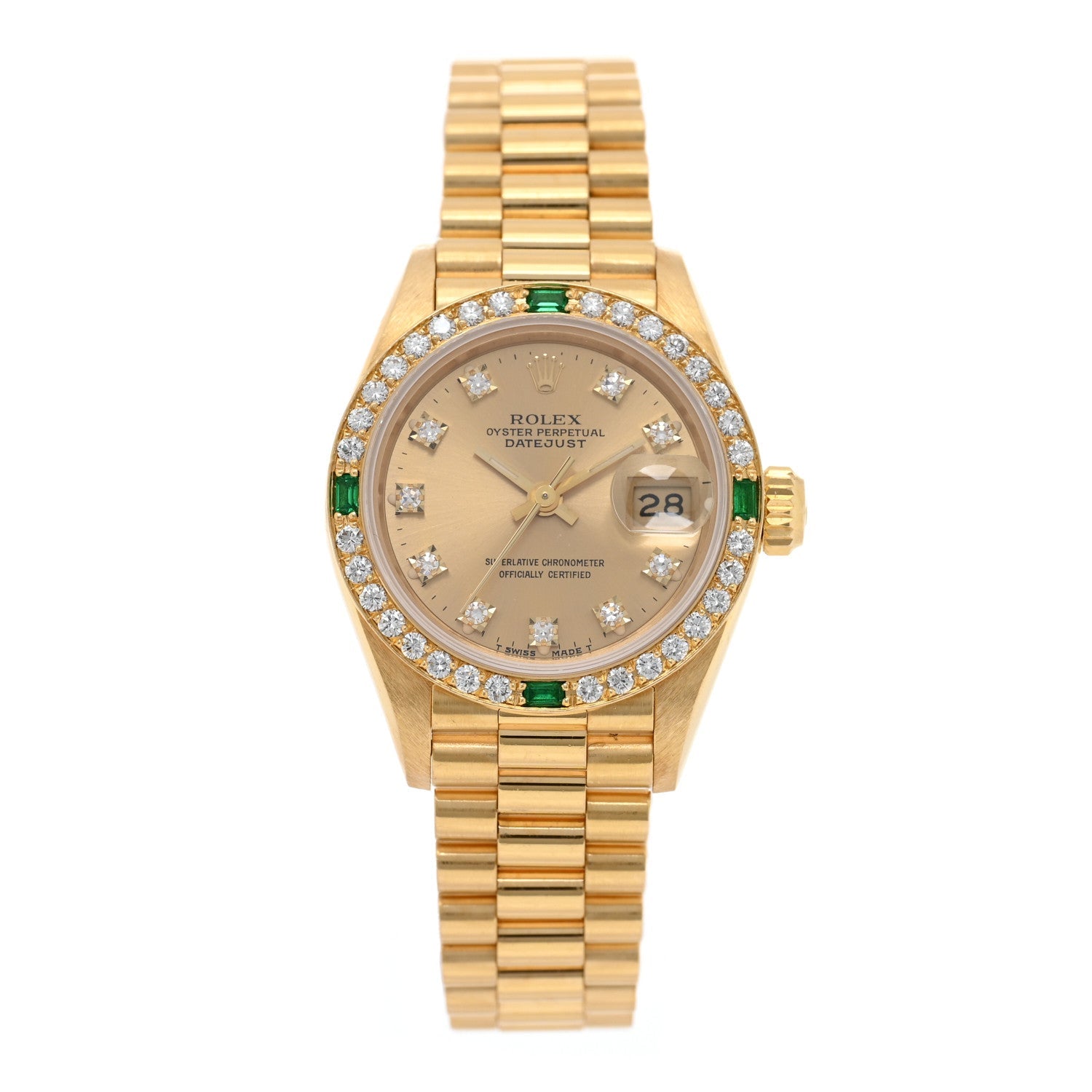 18K Yellow Gold Diamond Bezel Emerald 26mm Datejust President Watch Champagne 69078