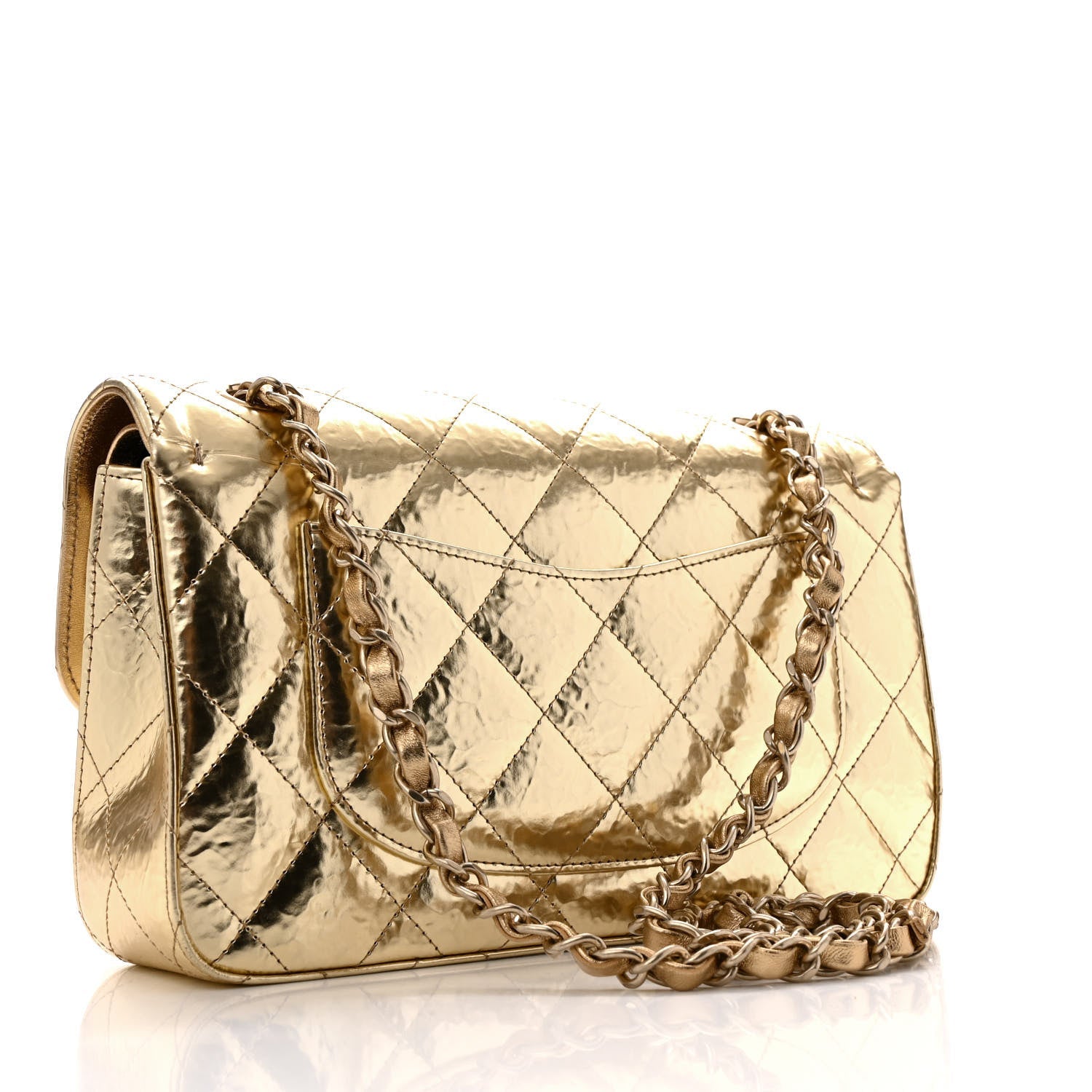 Hammered Metallic Calfskin Quilted Small Double Flap Gold