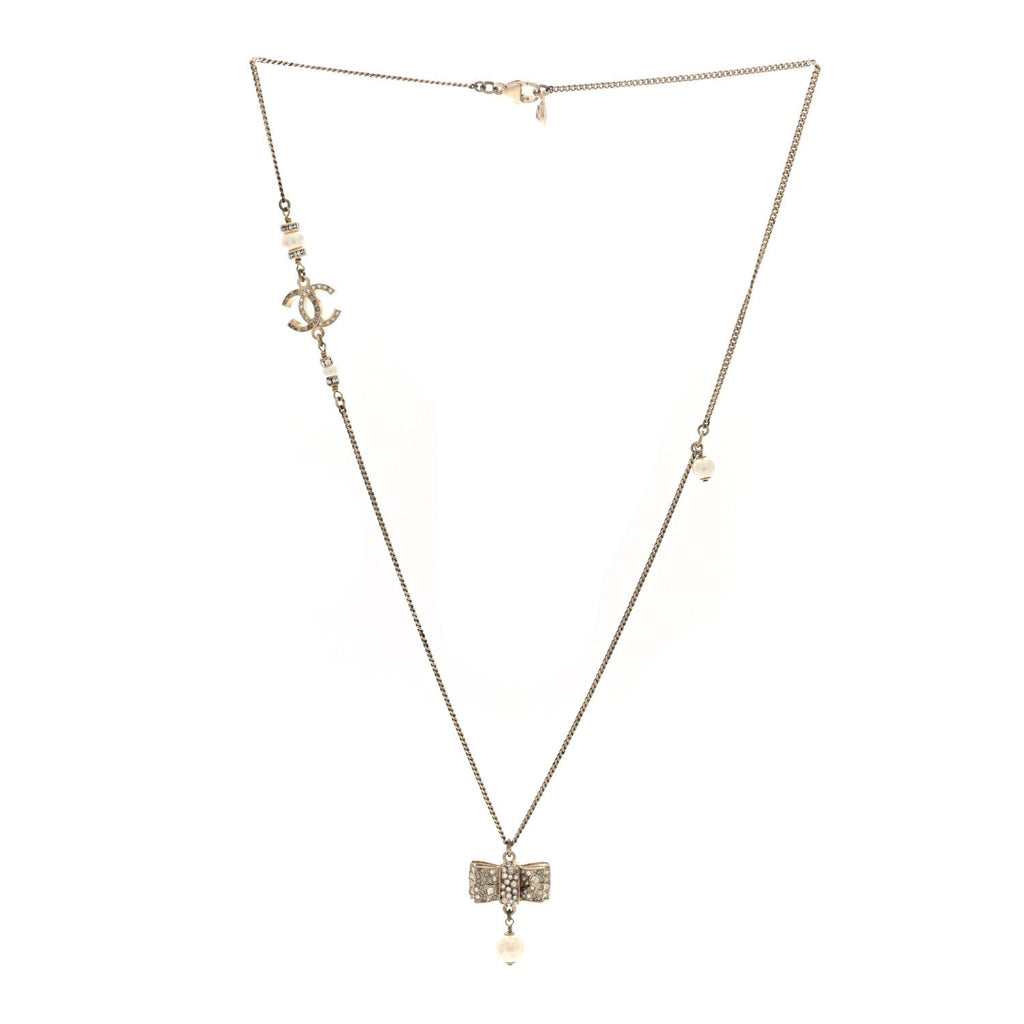 Metal Crystal Pearl CC Bow Necklace Gold