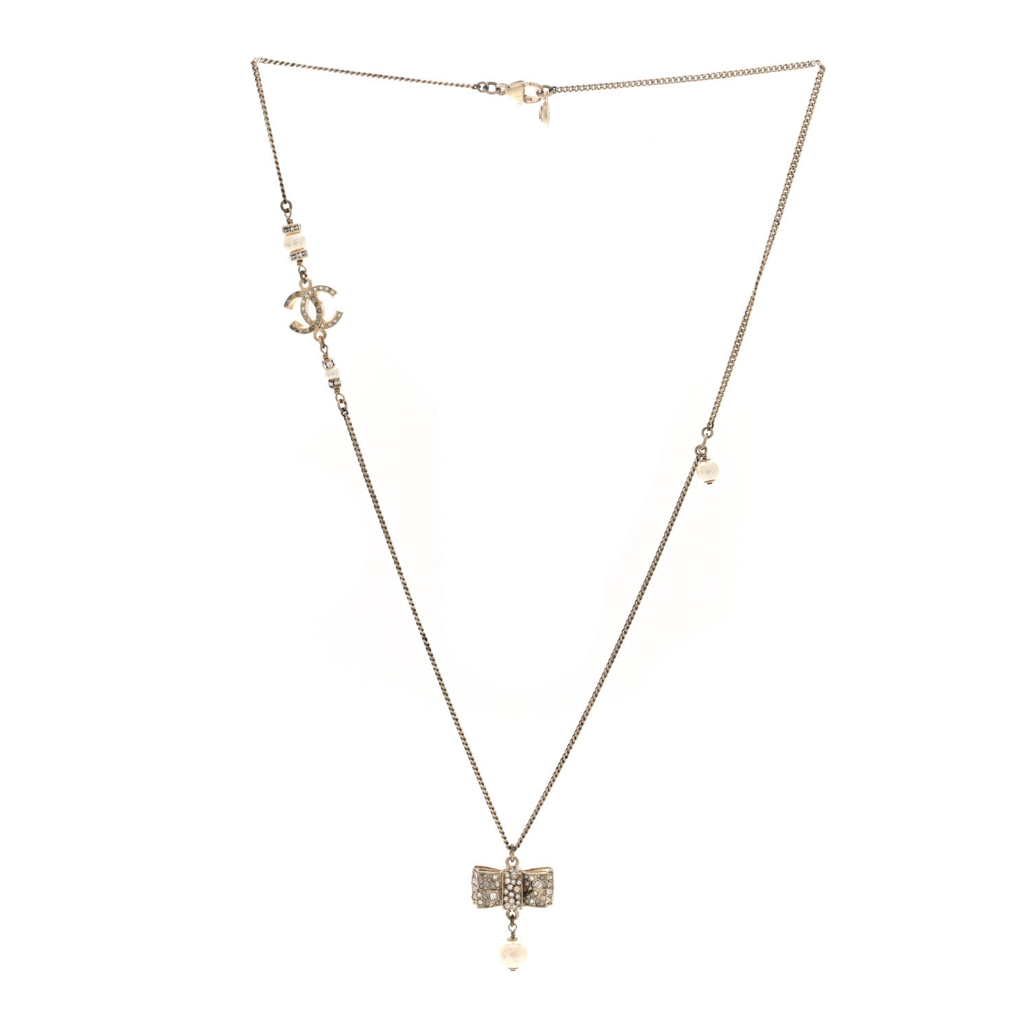 Metal Crystal Pearl CC Bow Necklace Gold