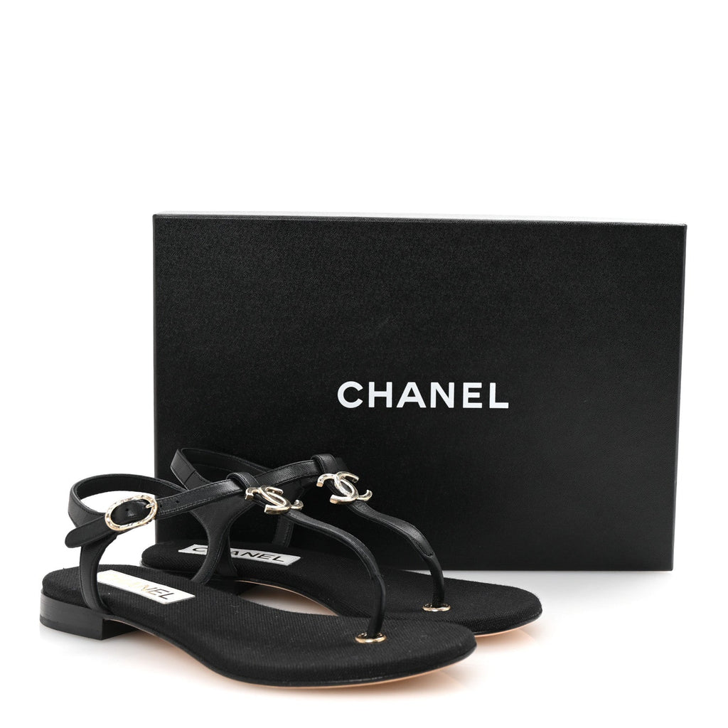 Lambskin CC Logo Thong Sandals 36 Black