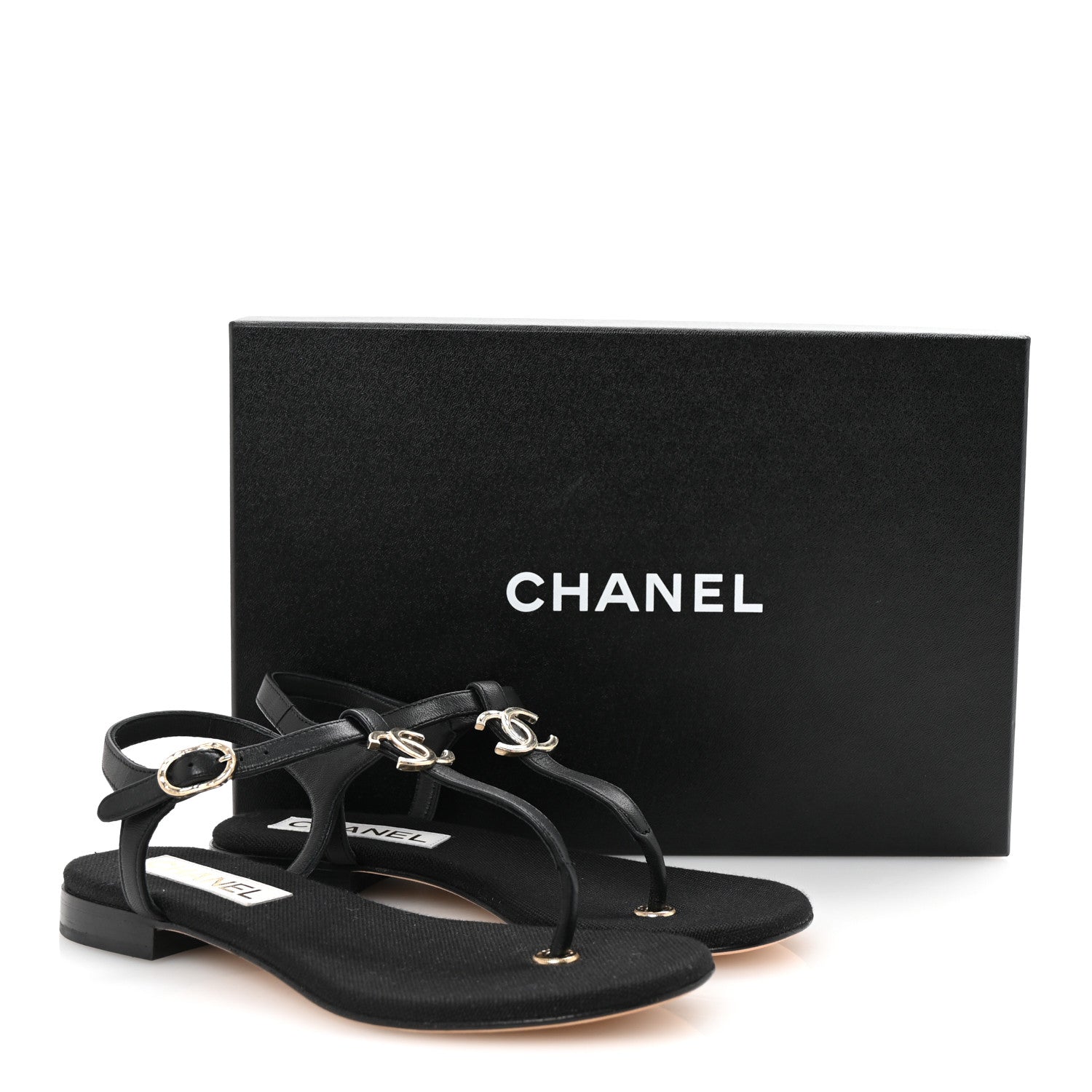 Lambskin CC Logo Thong Sandals 36 Black