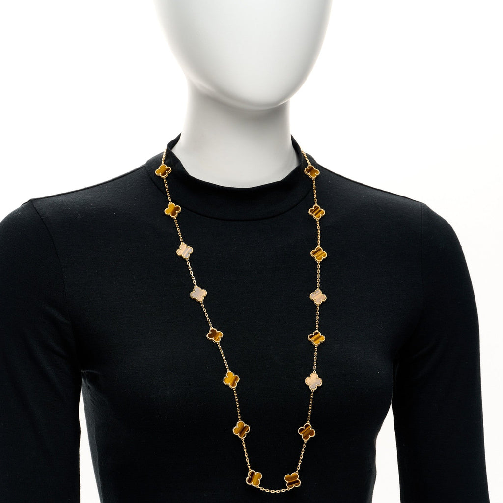 18K Yellow Gold Tiger Eye 20 Motifs Vintage Alhambra Necklace