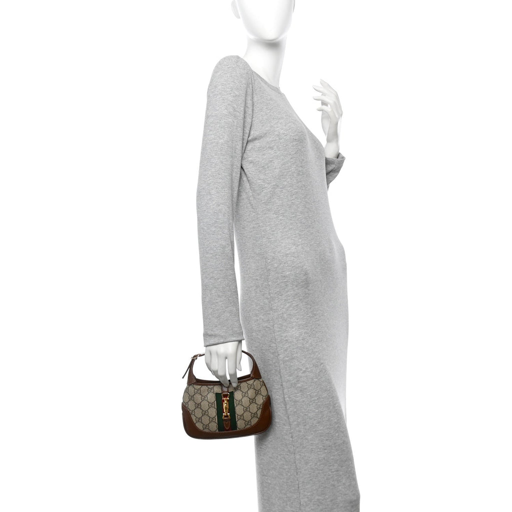 GG Supreme Monogram Azalea Calfskin Web Mini Jackie 1961 Hobo Beige Ebony Brown Sugar