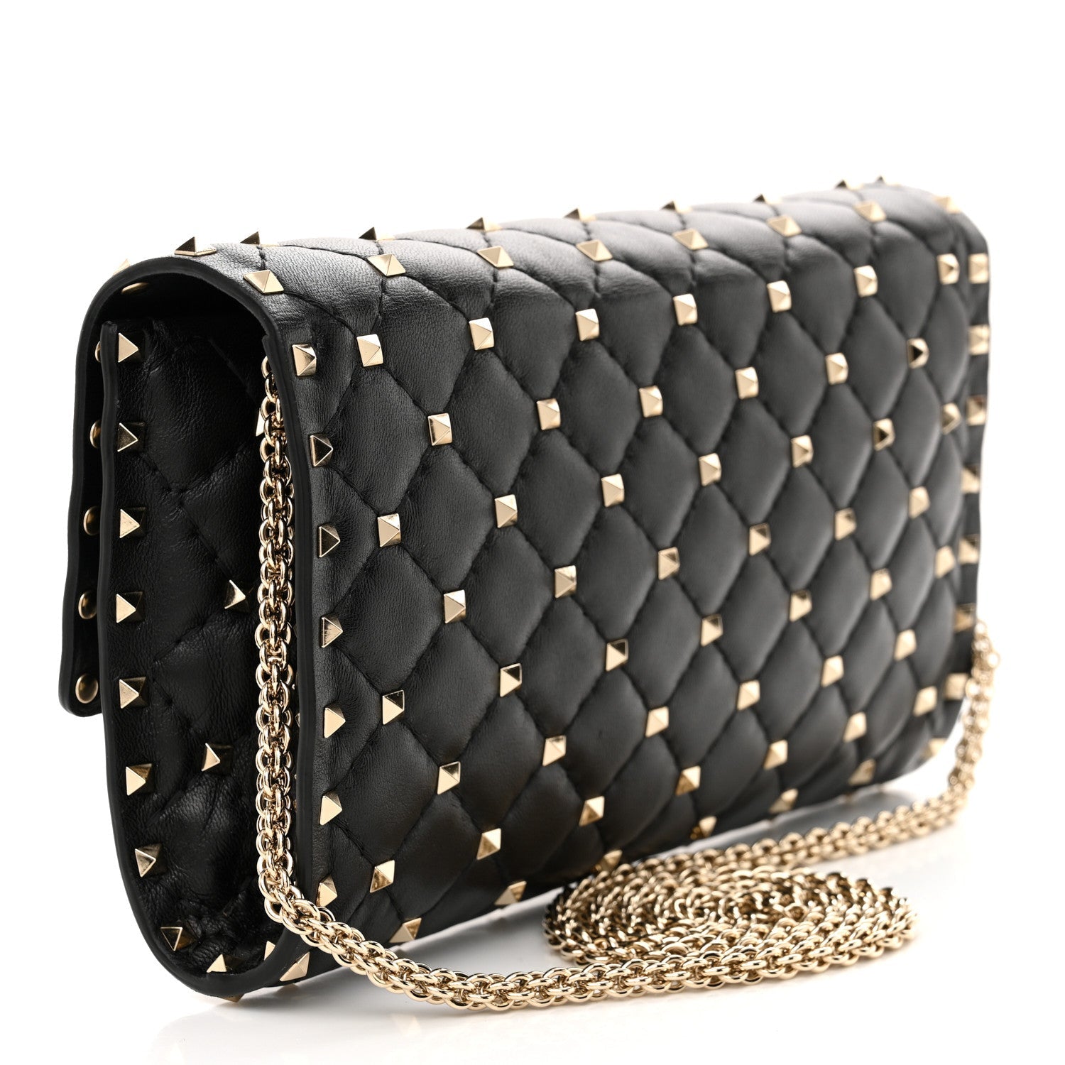 Lambskin Rockstud Spike Wallet on Chain Black