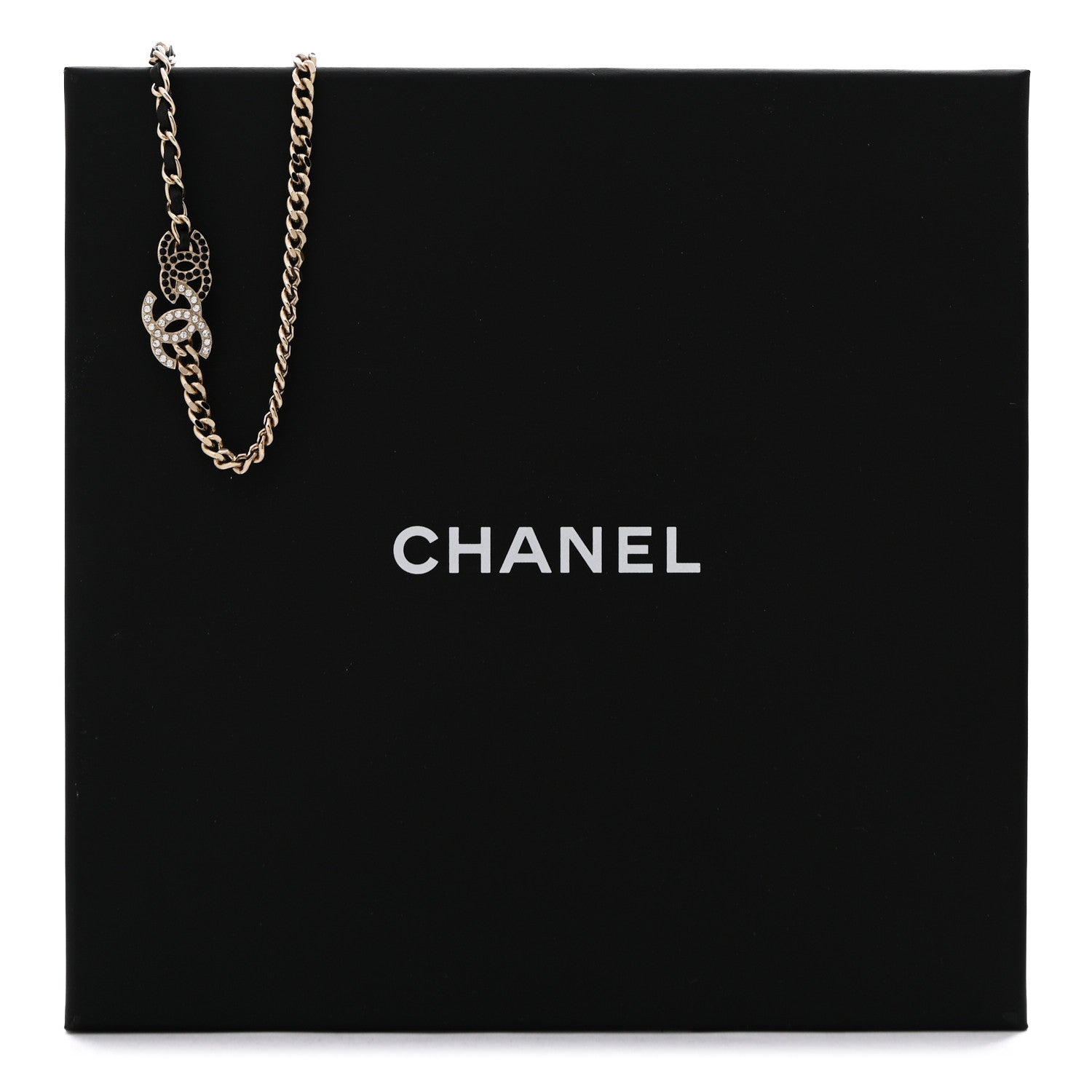 Metal Calfskin Crystal Double CC Short Necklace Black Gold