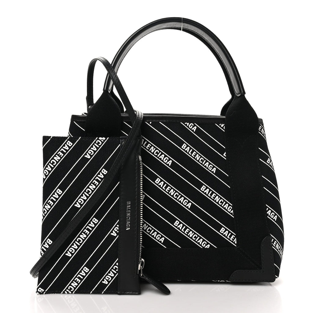 Cotton Canvas Calfskin Logo Print Navy Cabas XS Black White