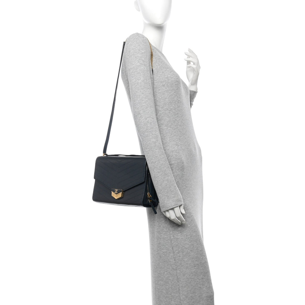 Calfskin Chevron Quilted Medal Flap Blue