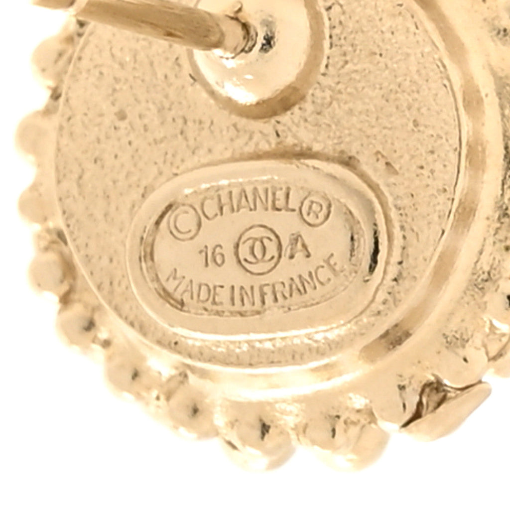 Metal Pearl Crystal CC Round Earrings Light Gold