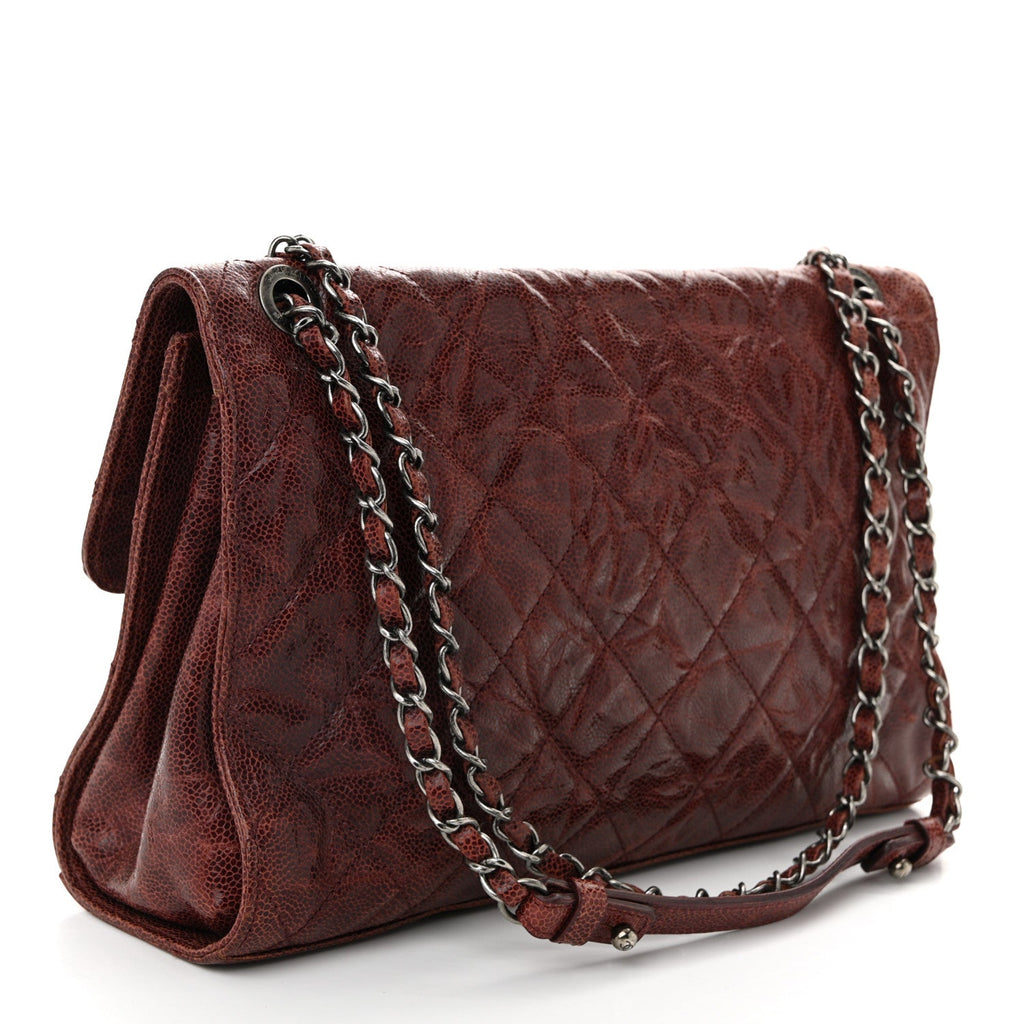 Crumpled Grained Calfskin Jumbo CC Crave Flap Burgundy