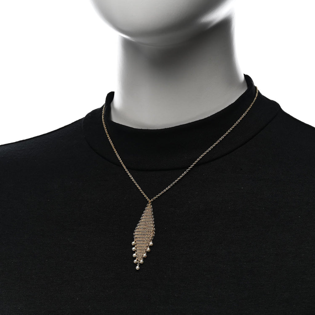 18K Yellow Gold Freshwater Cultured Pearl Elsa Peretti Mesh Fringe Pendant Necklace