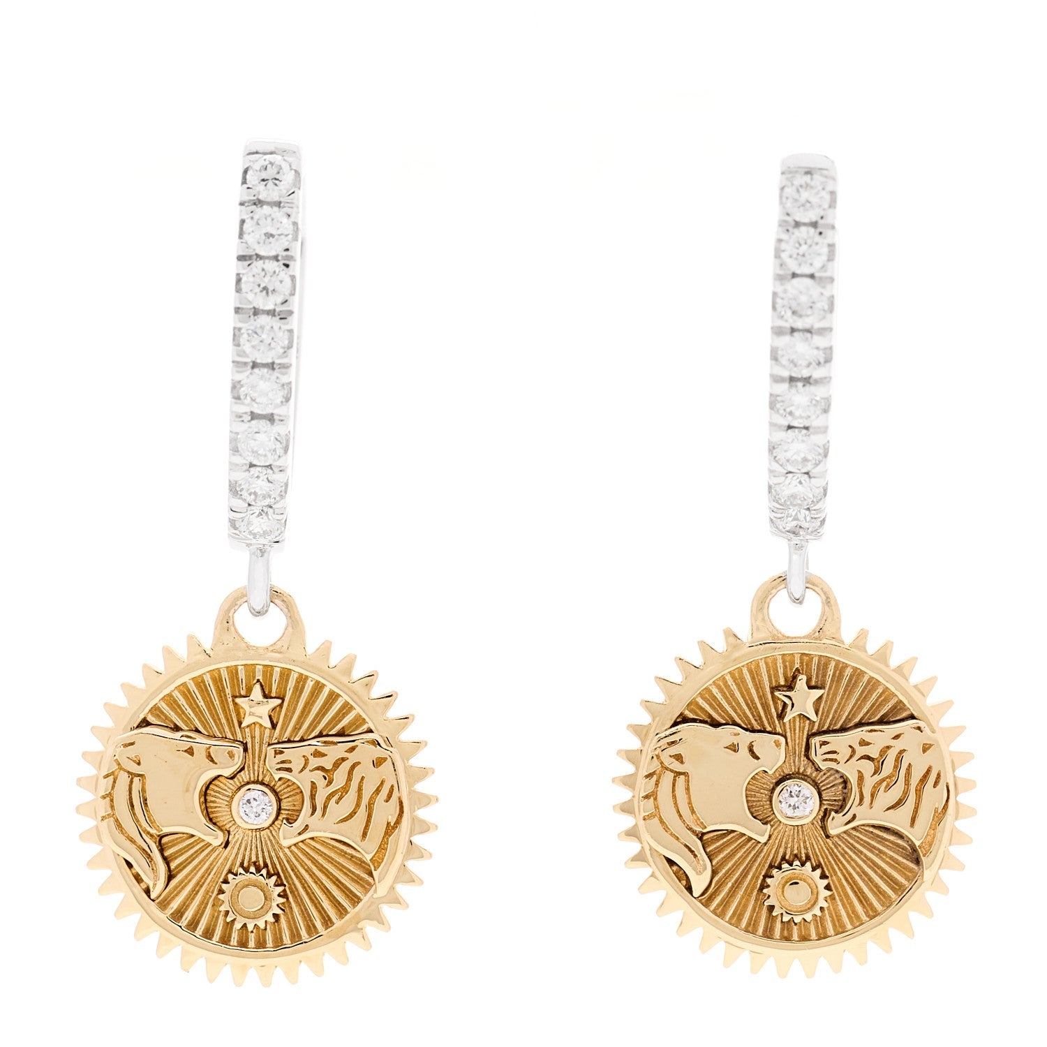18K Yellow White Gold Diamond Strength Miniature Medallion Earrings