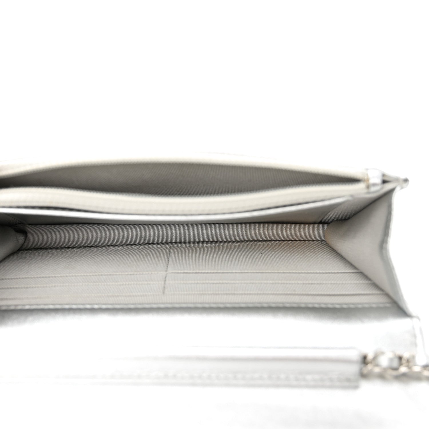 Metallic Lambskin Quilted Wallet On Chain WOC Silver