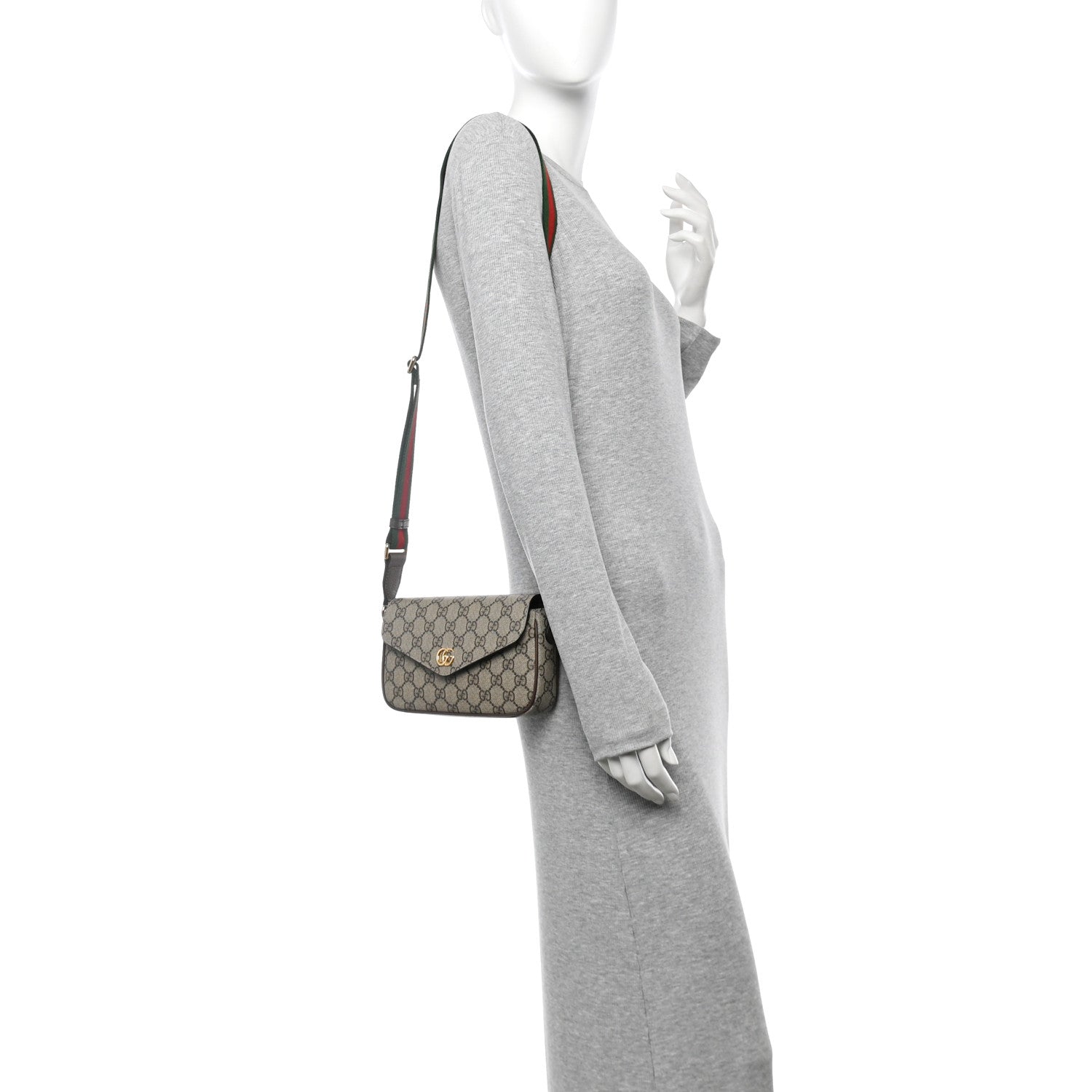 GG Supreme Monogram Textured Dollar Calfskin Web Mini Ophidia Envelope Shoulder Bag Beige Ebony