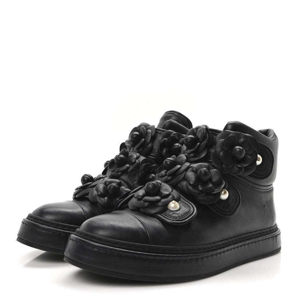 Calfskin Camellia High Top Sneakers 38.5 Navy