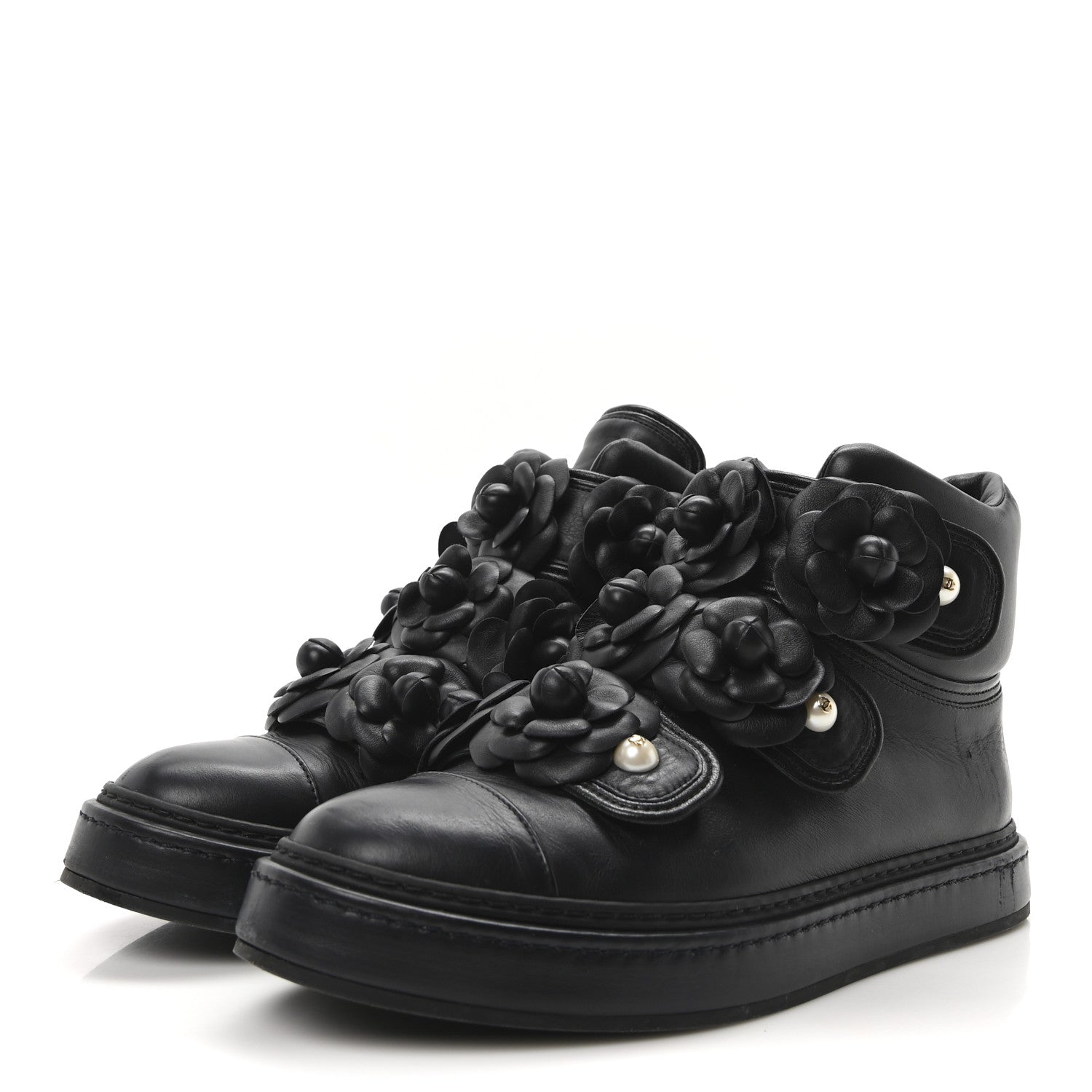 Calfskin Camellia High Top Sneakers 38.5 Navy