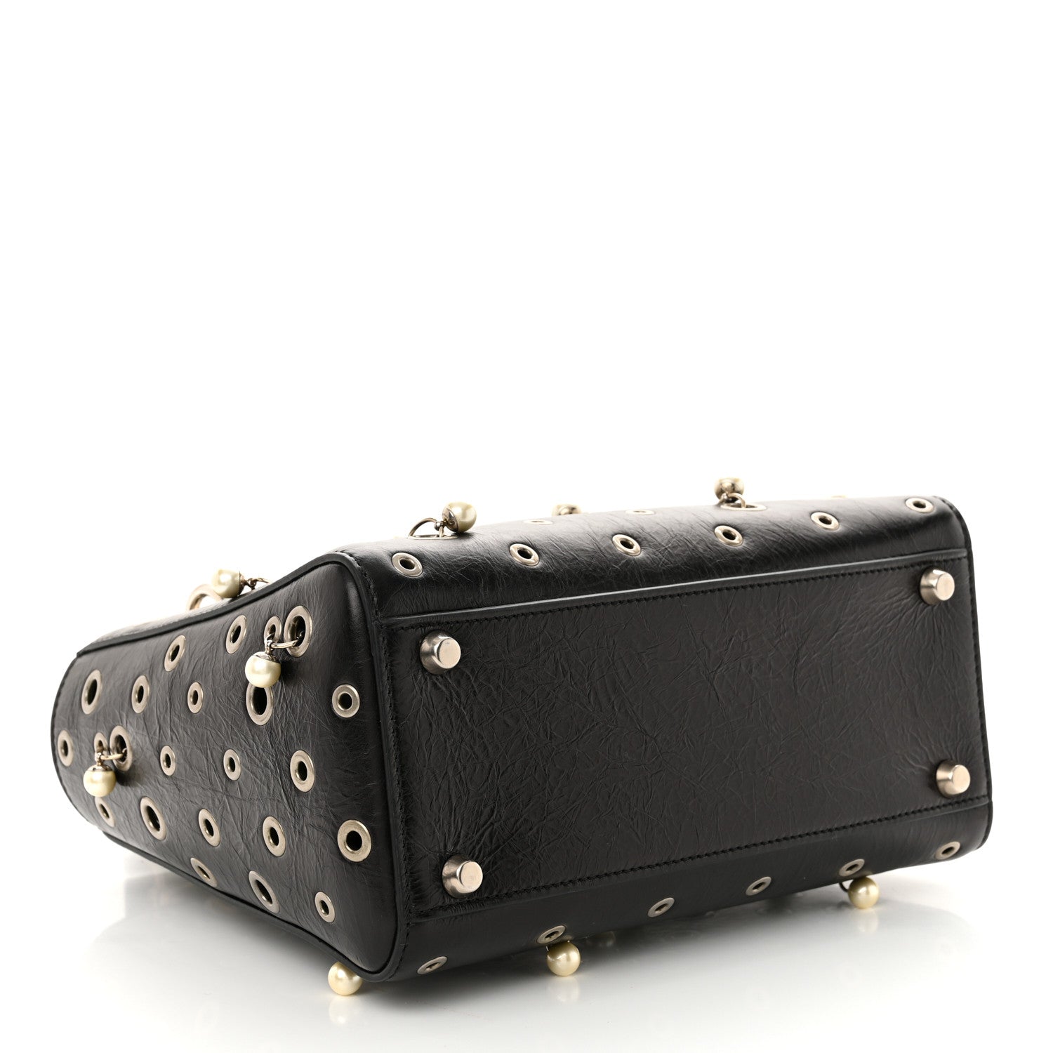 Crinkled Calfskin Studded Pearls Medium Lady Dior Black