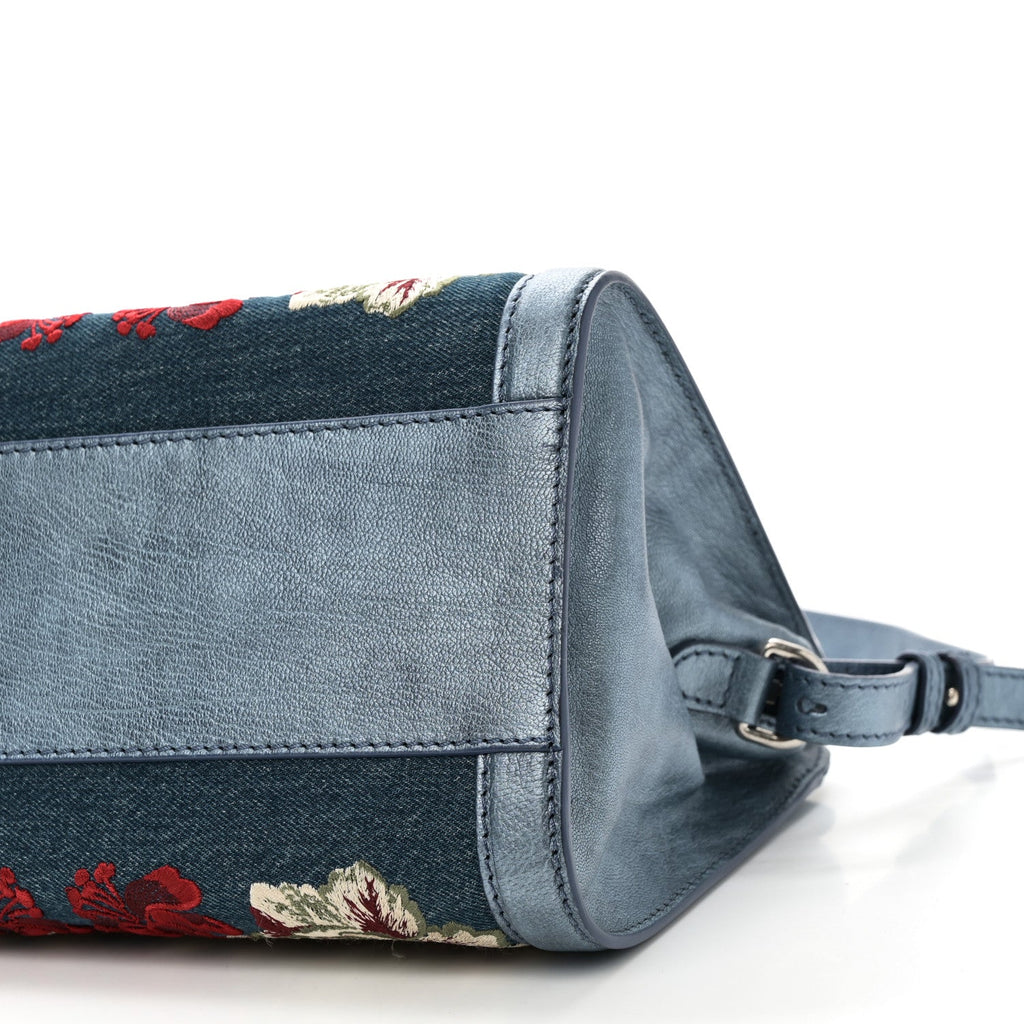 Denim Floral Embroidered Small Skull Padlock Zip Around Tote Blue Multicolor