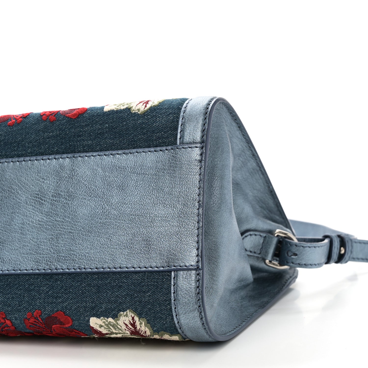 Denim Floral Embroidered Small Skull Padlock Zip Around Tote Blue Multicolor