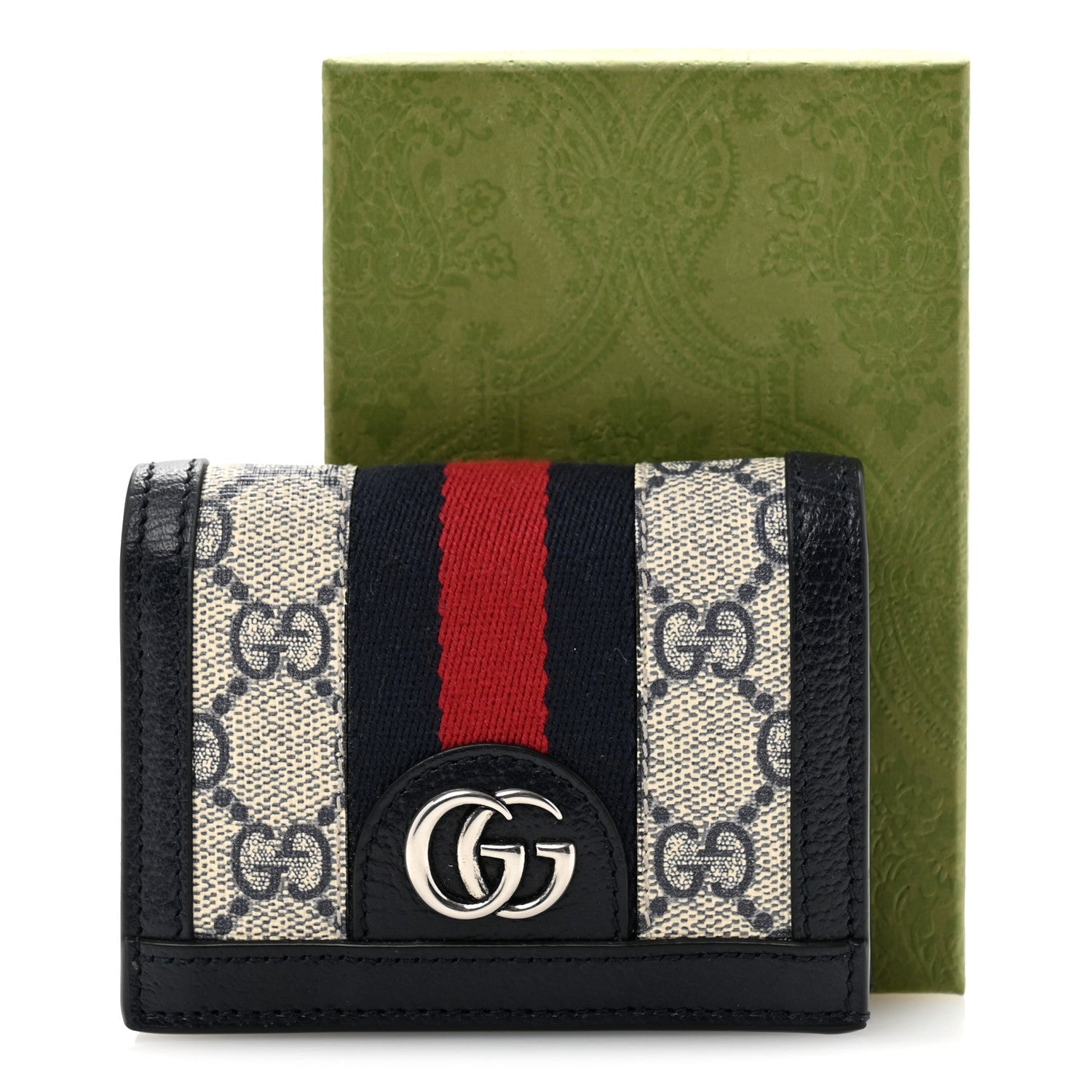 GG Supreme Monogram Textured Dollar Calfskin Web Ophidia Card Case Beige Blue