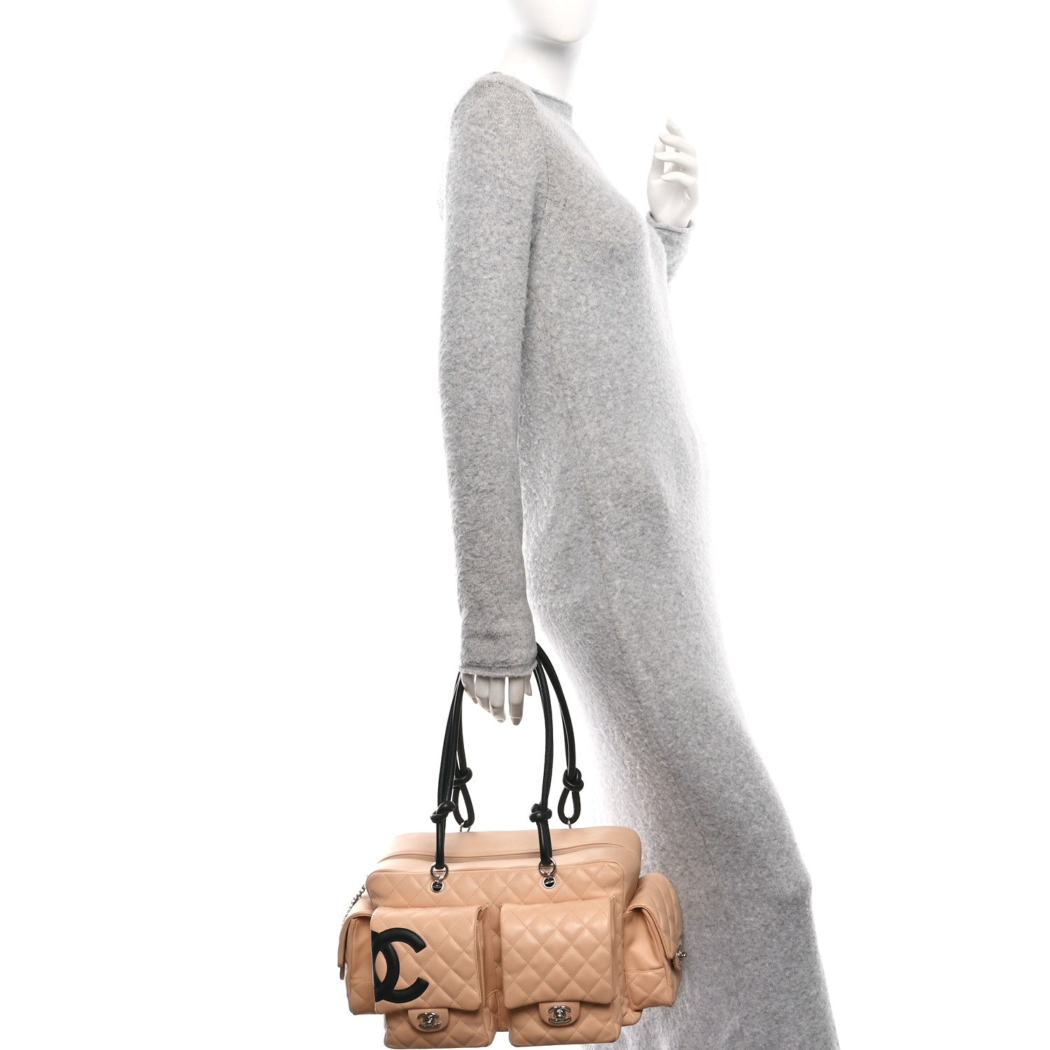 Calfskin Quilted Large Cambon Multipocket Reporter Beige Black