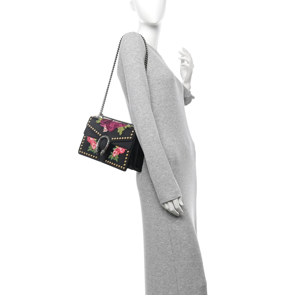 Calfskin Floral Embroidered Studded Small Dionysus Shoulder Bag Black