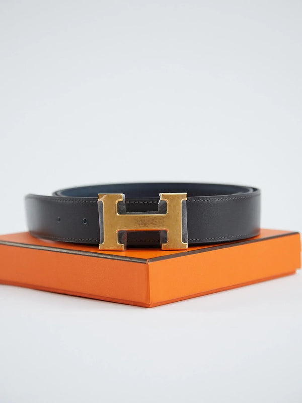 Hermès H Martelee Gold Belt Buckle with leather Reversible Strap
