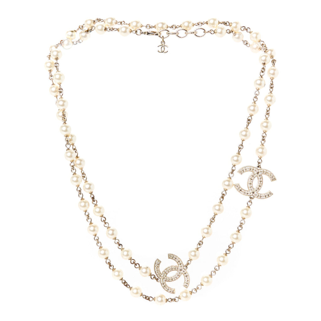 Crystal Pearl CC Long Necklace Gold